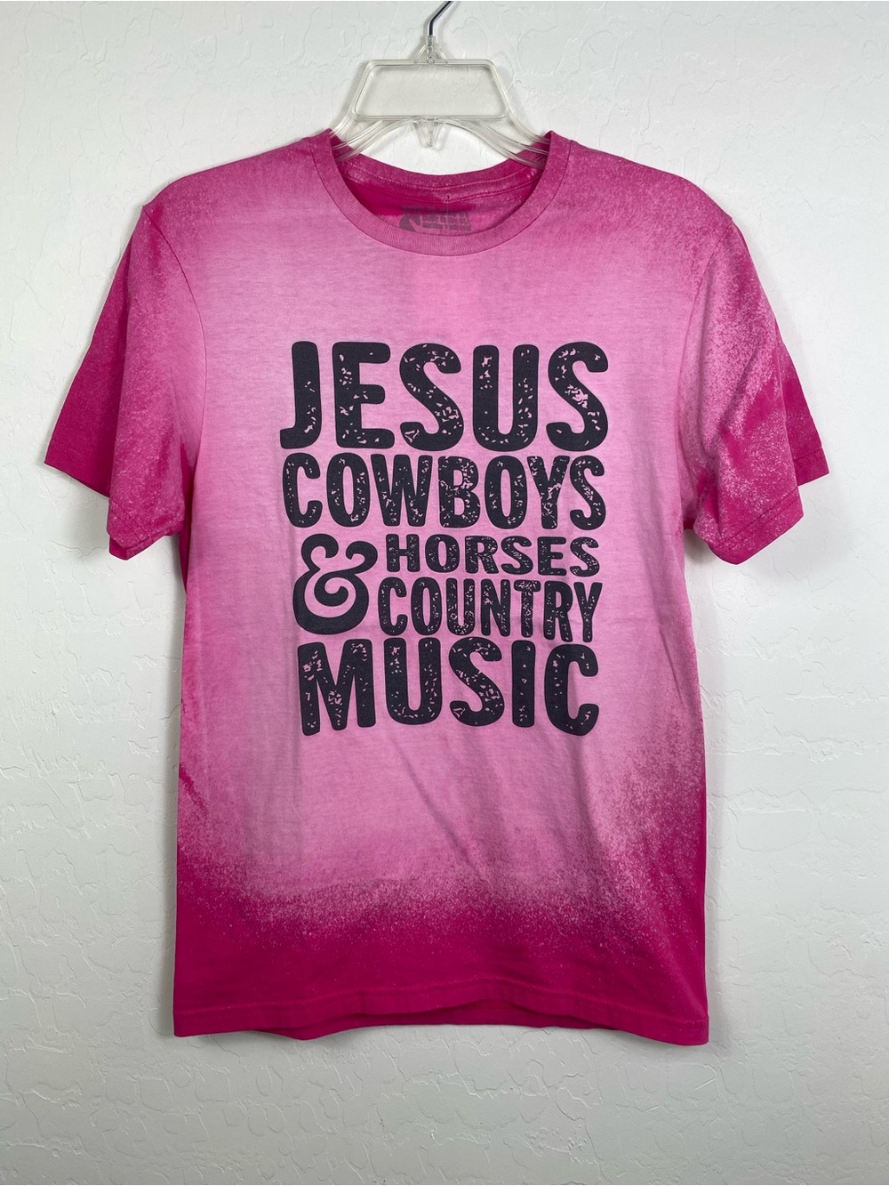Pink Ombre Short Sleeve Tee with 'Jesus Cowboys & Horses Country Music'